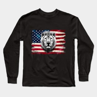 American flag and lion 4th of July USA Patriotic Long Sleeve T-Shirt